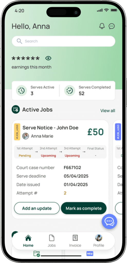 WeProcess app showing active jobs for process servers in the UK process server uk